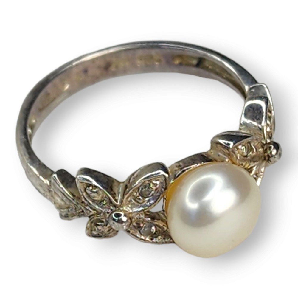 Vintage Avon Sterling Silver 925 Faux Pearl Flower Ring Size 7